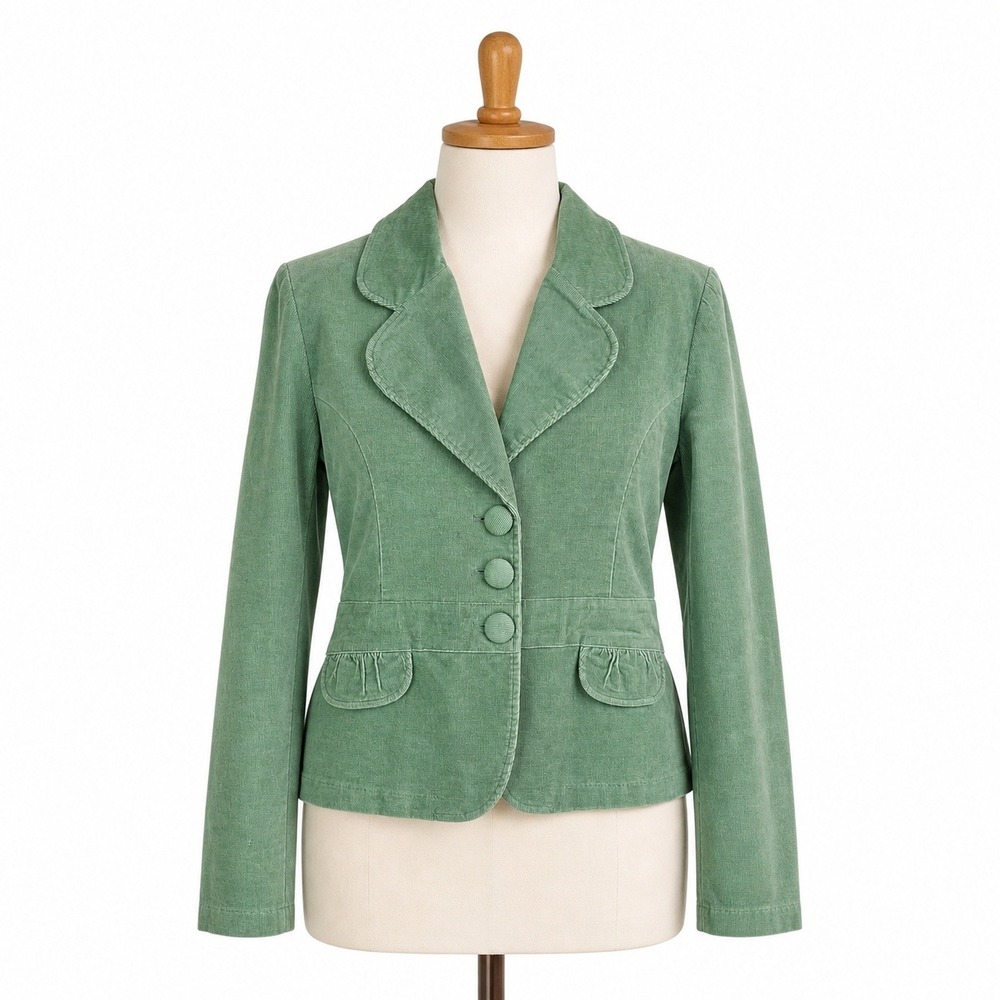 Vintage Y2K Corduroy Peplum Blazer Womens XL Green Button Front Adademia Preppy